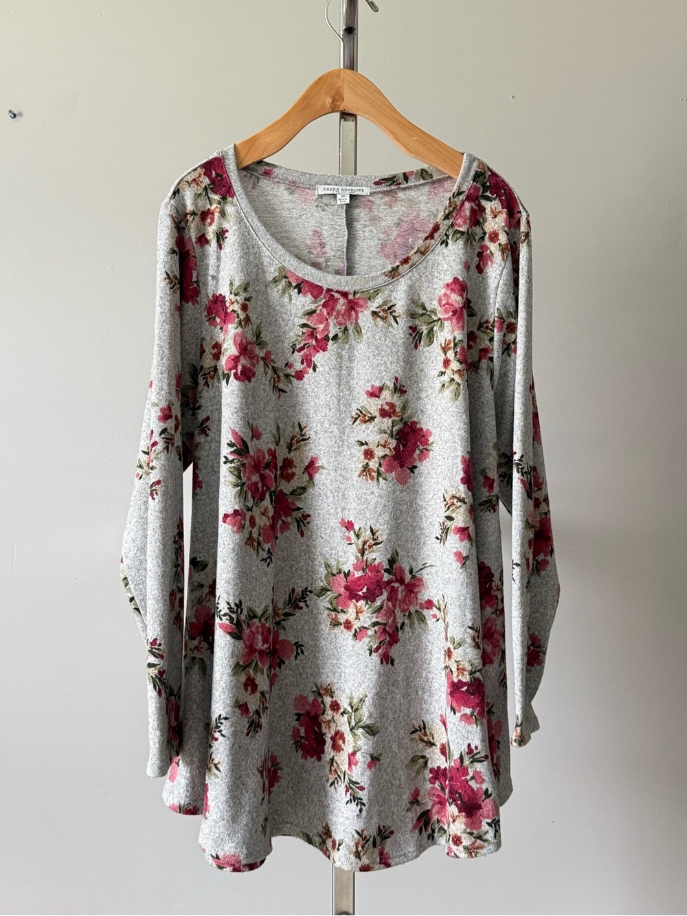 Green Envelope Floral Brushed Knit Tunic Top Gray Pink 2X Made in USA